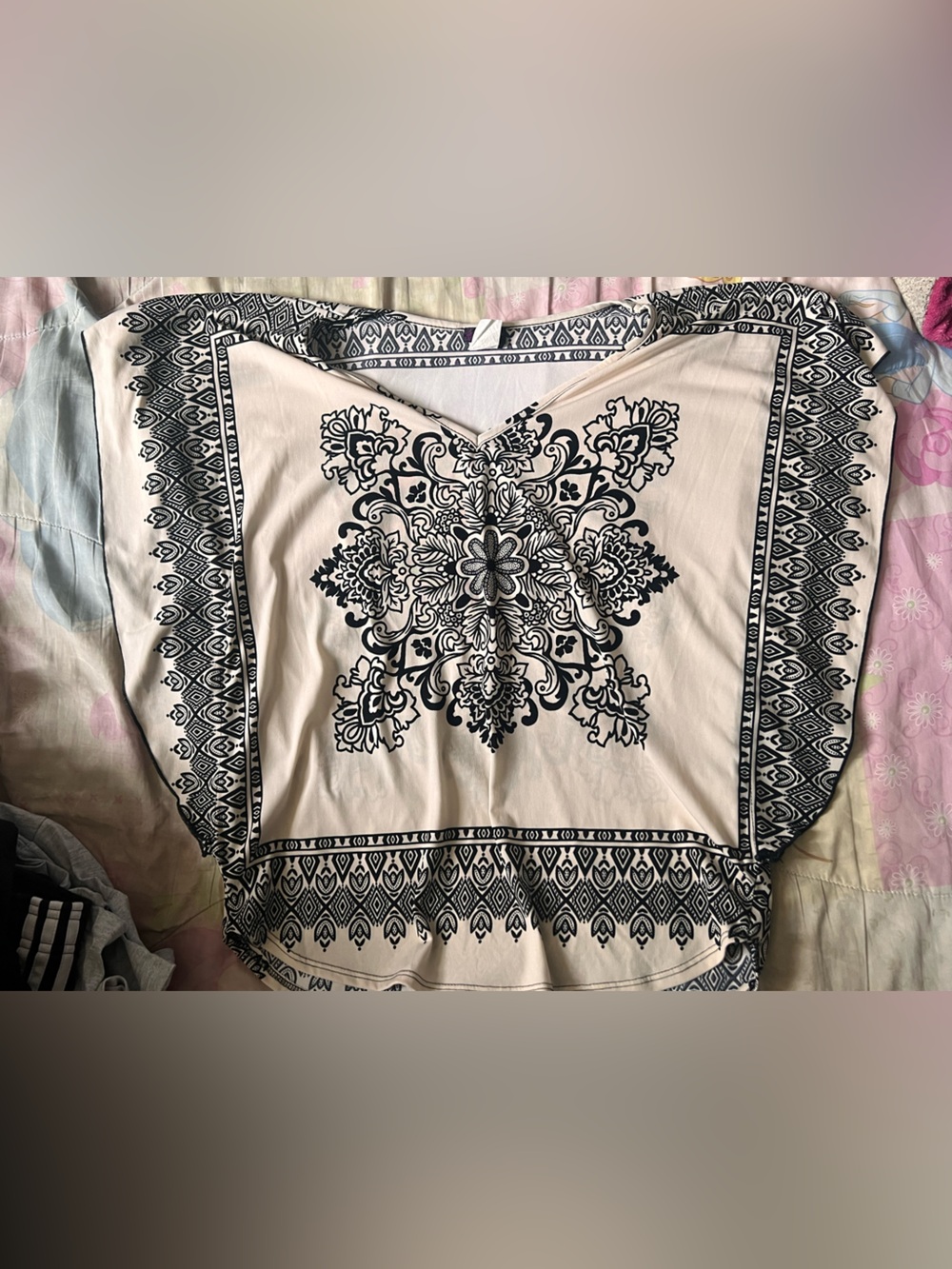 Women's Cream Boho Print Top with Black Medallion